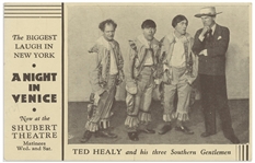 A Night in Venice Postcard, Circa 1929, Featuring Ted Healy and his three Southern Gentlemen -- 5.5 x 3.5 Postcard Promotes Show at Shubert Theatre -- Sticker on Verso,  Very Good
